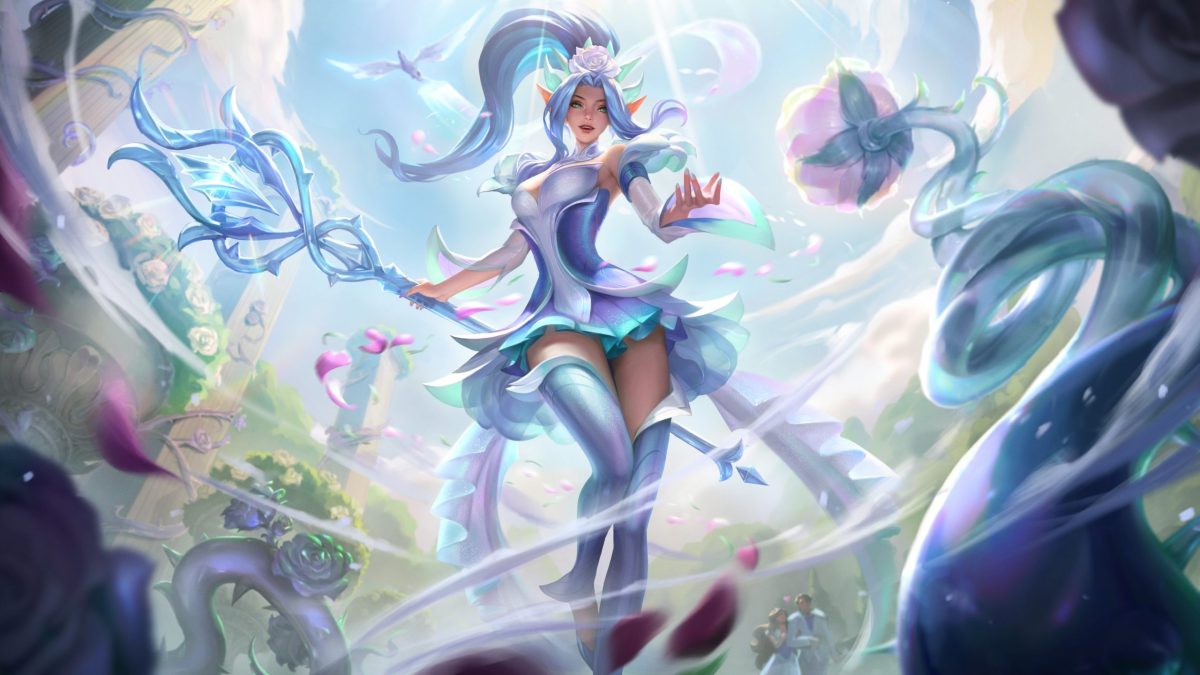 Crystal Rose Janna appears dressed for a wedding, complete with a white dress, white scepter, and white dove familiar.