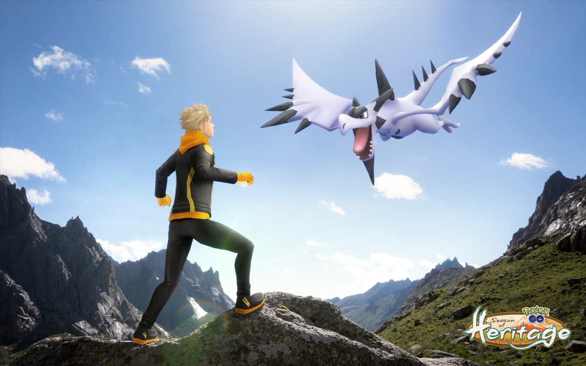 Pokemon player standing on a mountain looking at a flying Pokemon in the air.