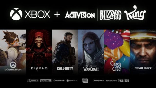 An image displaying the selection of top titles, like Overwatch, Diablo, Call of Duty, and more that Microsoft has acquired with the Activision-Blizzard acquisition.