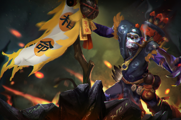 A purple shaman, Witch Doctor, holds a yellow banner in battle in Dota 2.