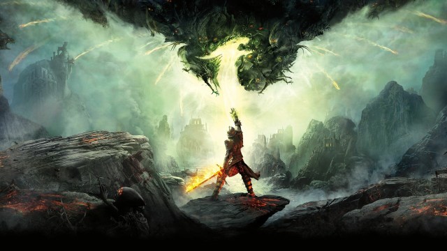 Dragon Age Inquisition key art with the protagonist reaching toward demons in the sky