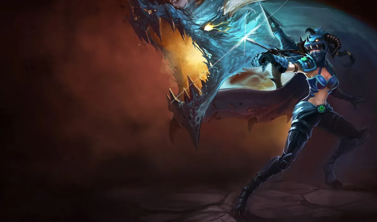 Dragonslayer Vayne splash art featuring Vayne wearing blue armor and a cobalt dragon's head roaring behind her.