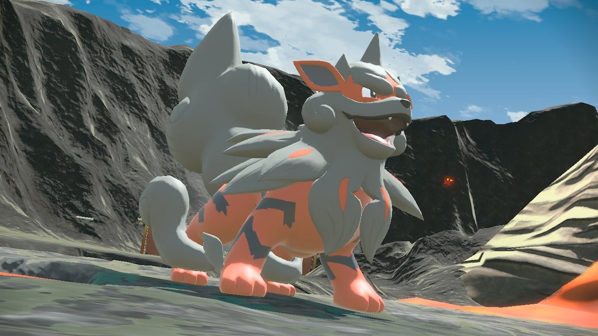 Hisuian Arcanine in a volcanic area in Pokémon Legends: Arceus.