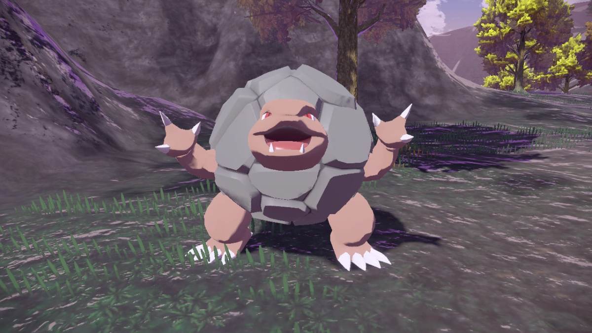 Golem, a giant spherical rock with a beige set of arms and legs and turtle-like head. This Pokemon from Legends Arceus has a joyful expression in a mountainous background.