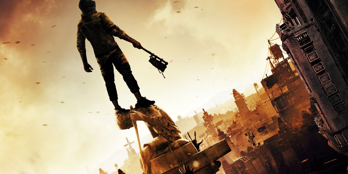 A player standing on a statue looking out over the City of Villedor in Dying Light 2: Stay Human