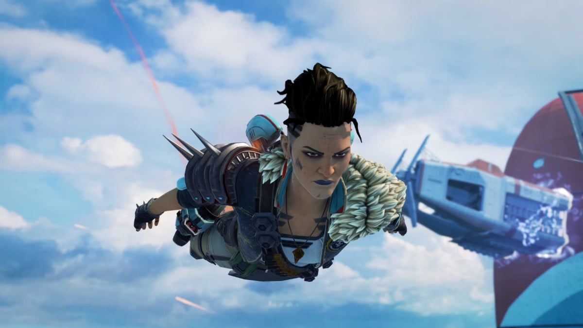Mad Maggie stoically looks forwards as she flies down from the Dropship in Olympus.