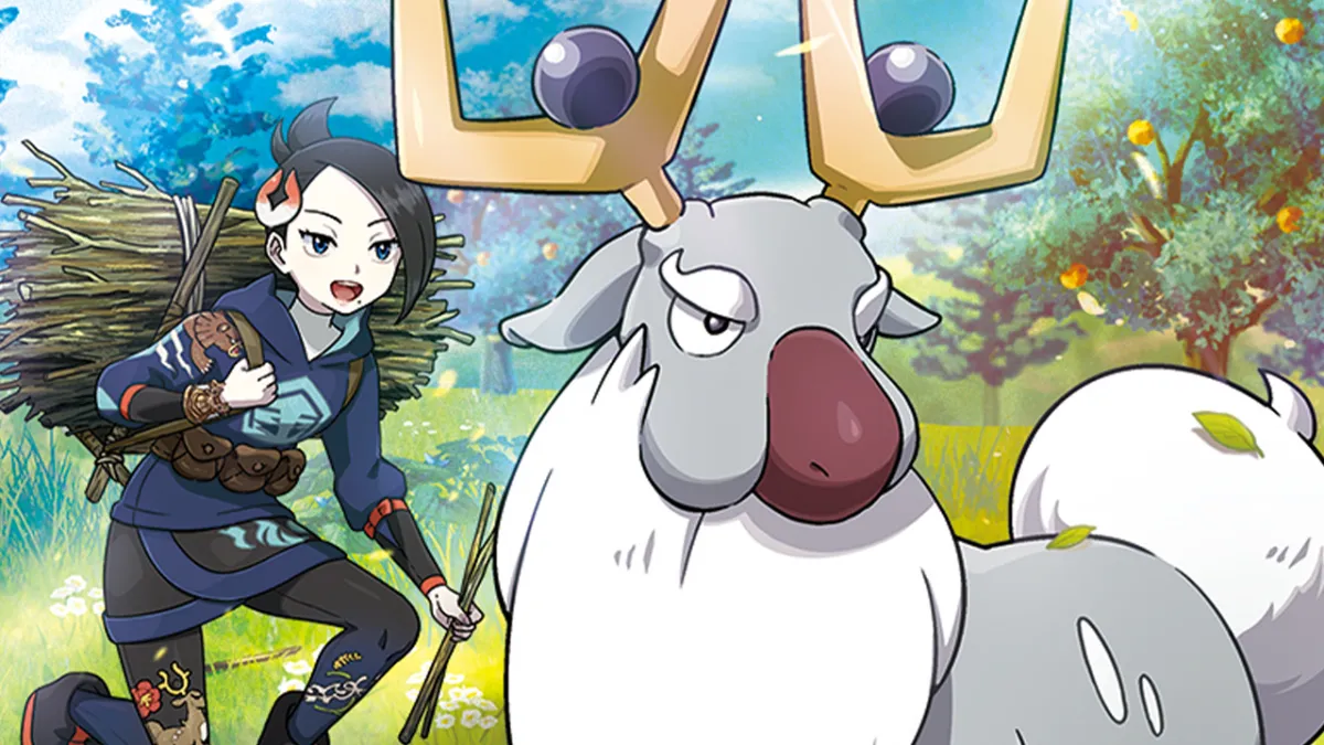 Wyrdeer and Mai in the outdoors in Pokémon TCG artwork.