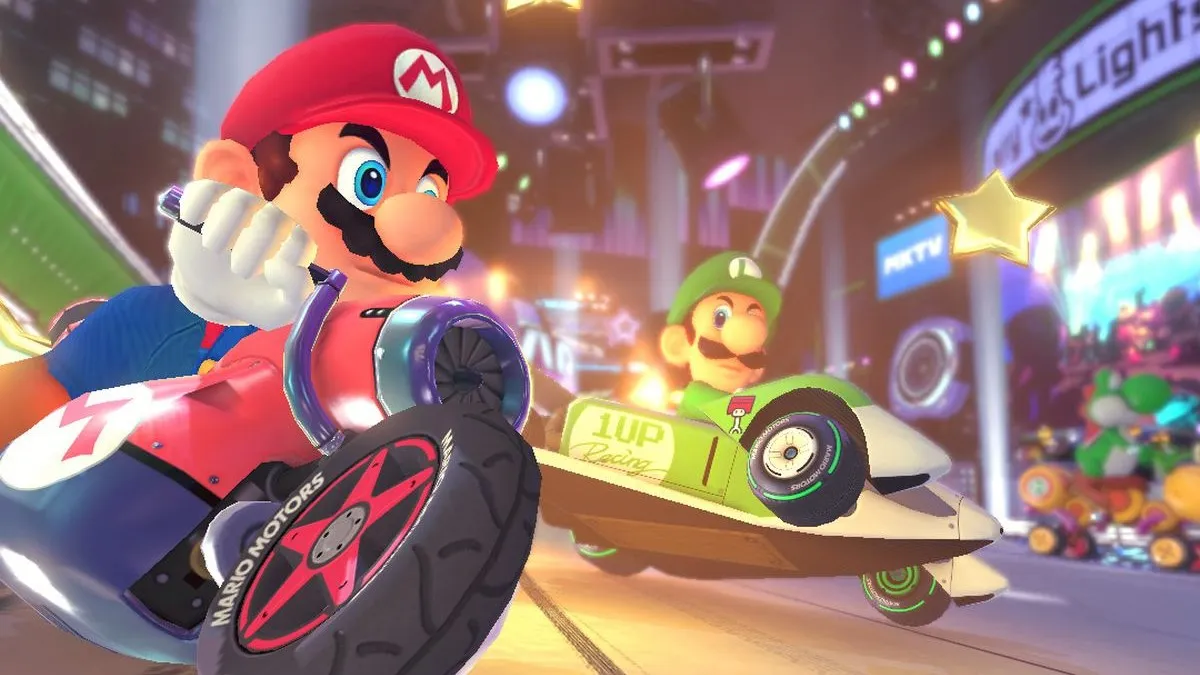 Mario racing Luigi in Mario Kart 8