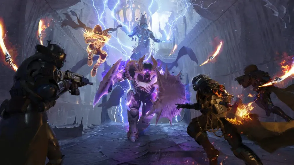 Destiny 2 art of Guardians facing off with Hive Guardians.