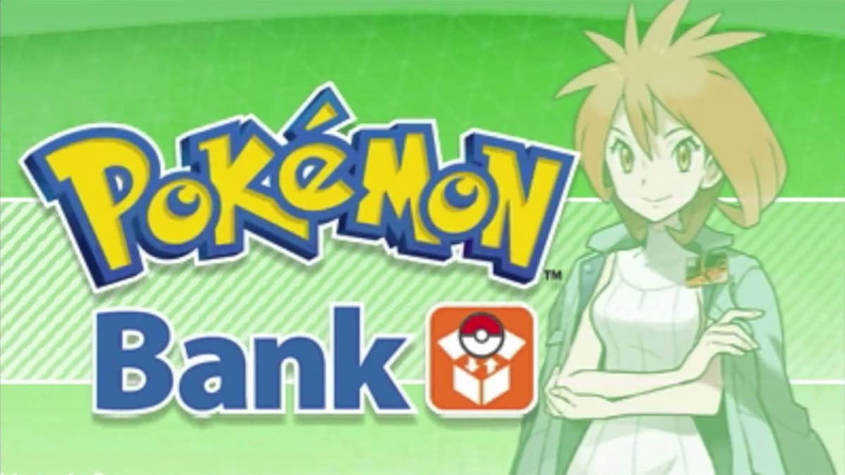Pokemon Bank promotional image showing a character on a green background.