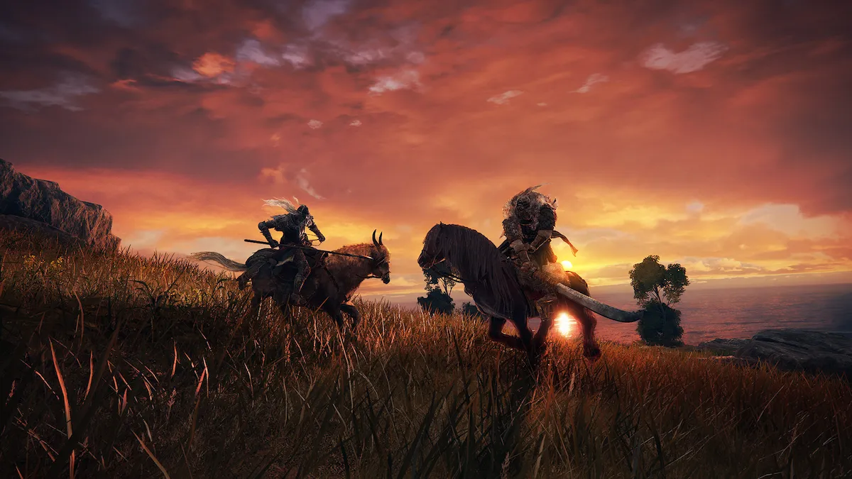 A promotional image for Elden Ring featuring two steeds clashing with each other in battle in front of a sunset.