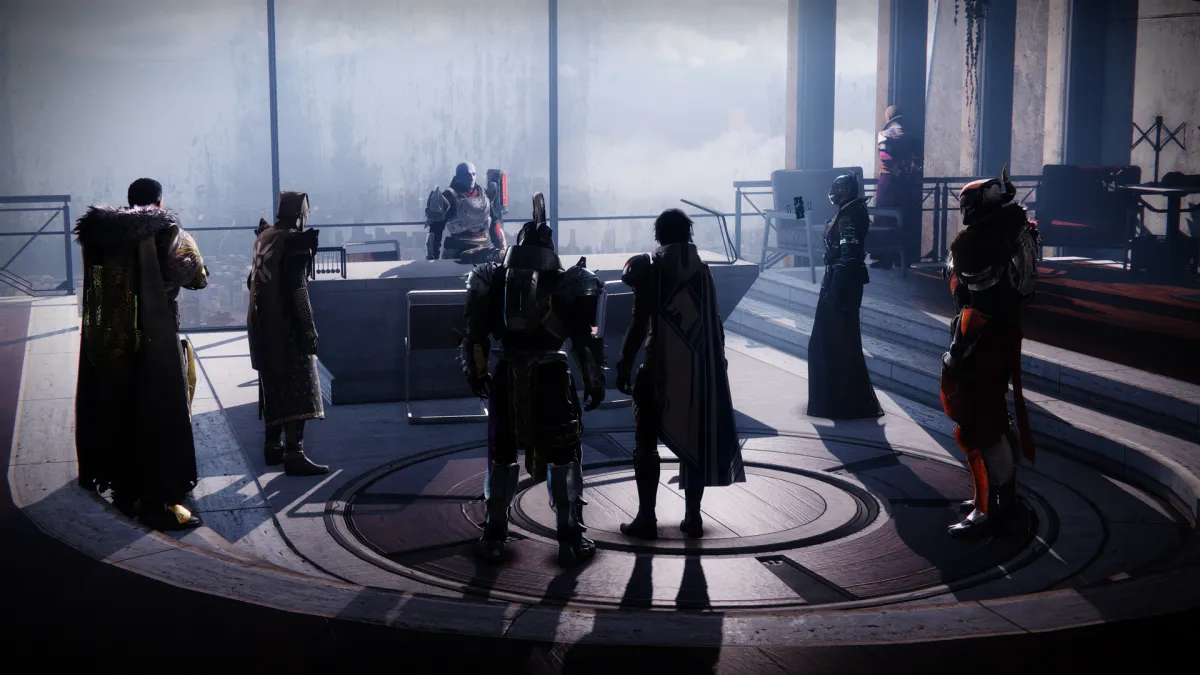 Multiple Destiny 2 characters gathering and seemingly talking.