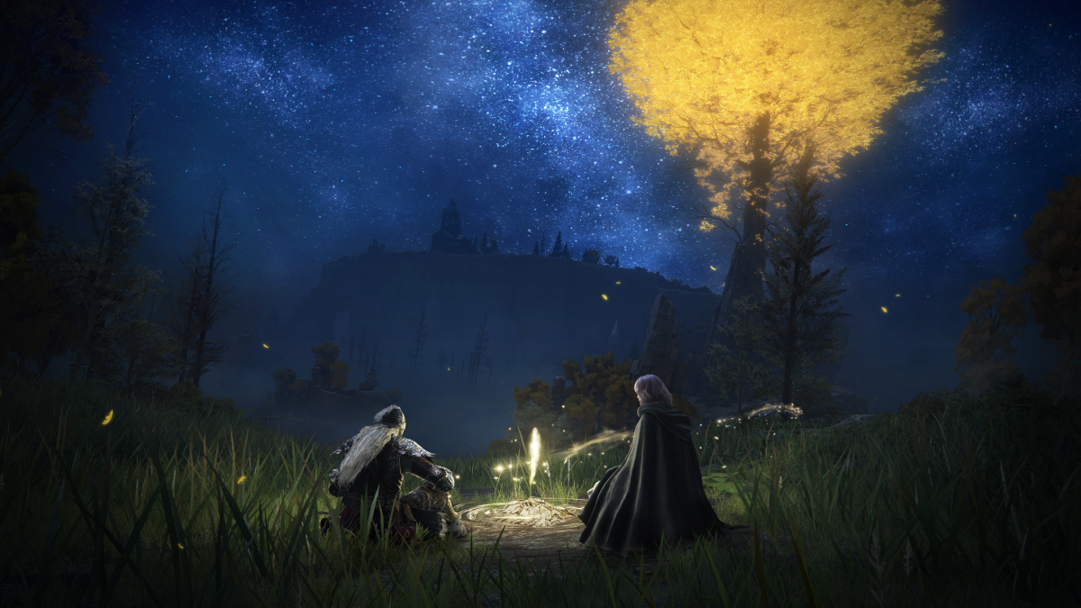 A site of grace in Elden Ring, with two characters sitting around a white beam of light amidst a dark background.