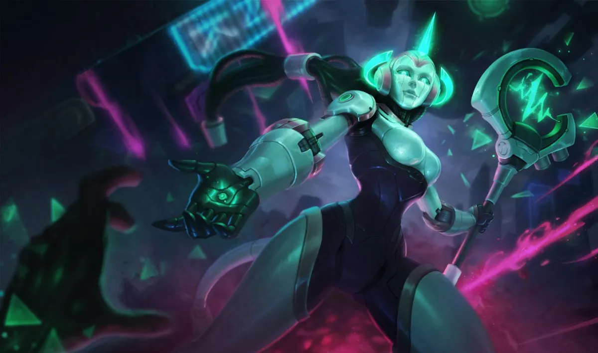 Program Soraka skin splash art in League of LEgends. She can be seen wielding a large green staff and holds a robotic figure in this alternate version