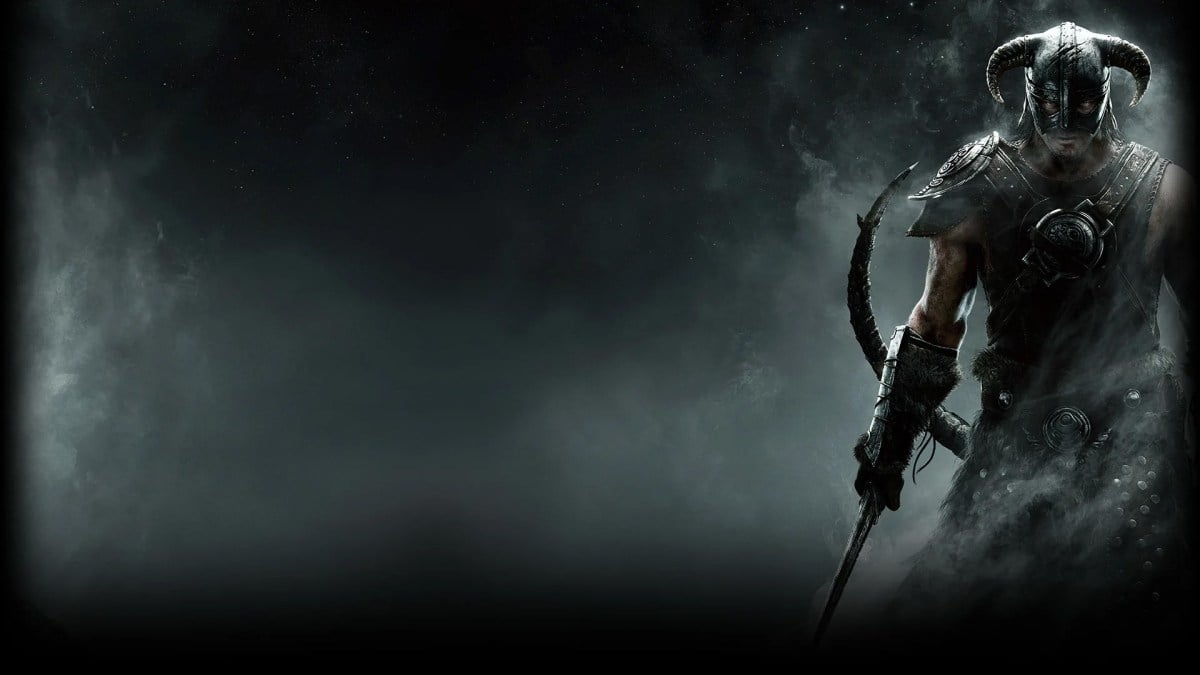 the skyrim loading screen with the dragonbron standing off to the right, submerged in shadows and fog