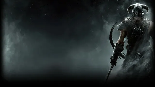 the skyrim loading screen with the dragonbron standing off to the right, submerged in shadows and fog