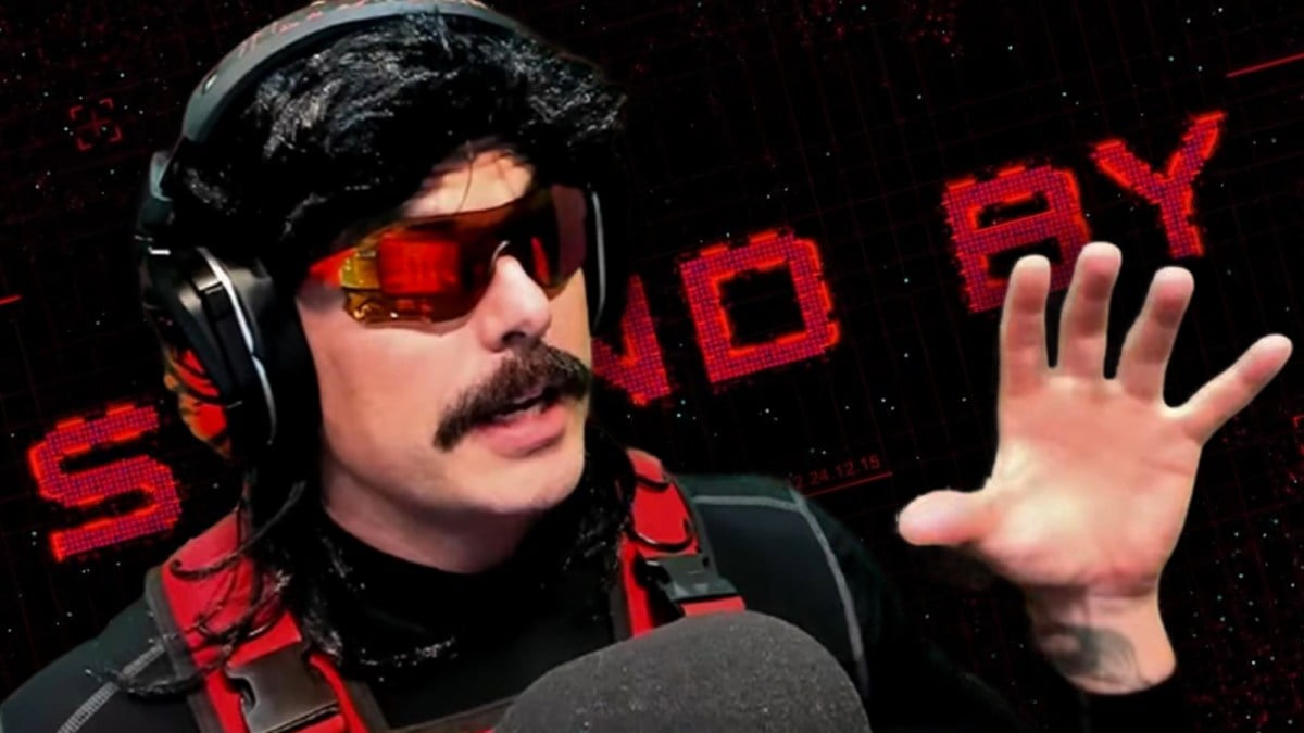 Dr Disrespect in front of Midnight Society stand by screen.