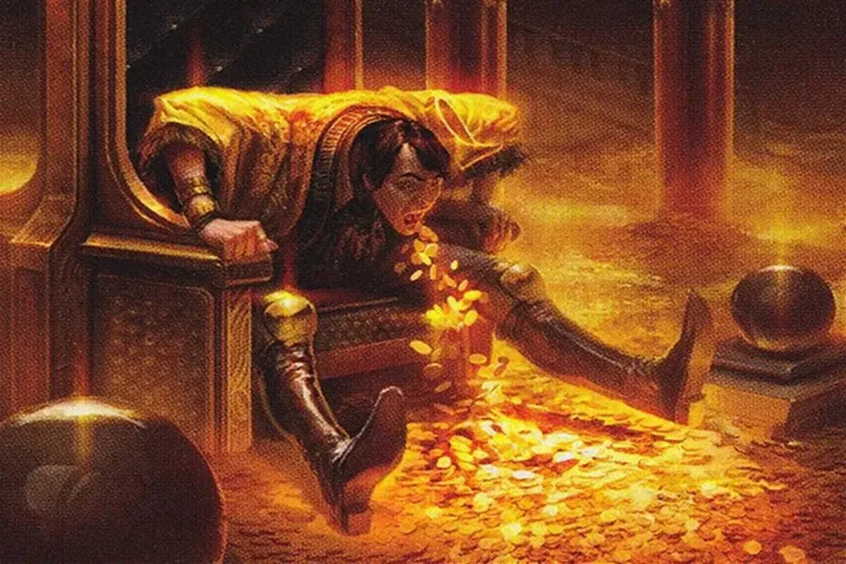 Image of gold coming out of mans mouth in MTG card Greed