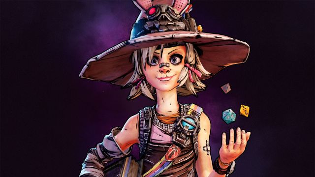 Tiny Tina, wearing a witches hat, tosses some dice into the air.