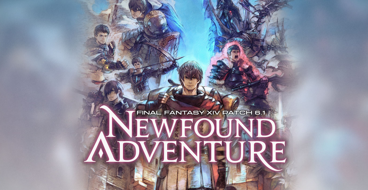 The warrior of light stands in the center of the image, with the text "Final Fantasy XIV Patch 6.1, Newfound Adventure" below him.