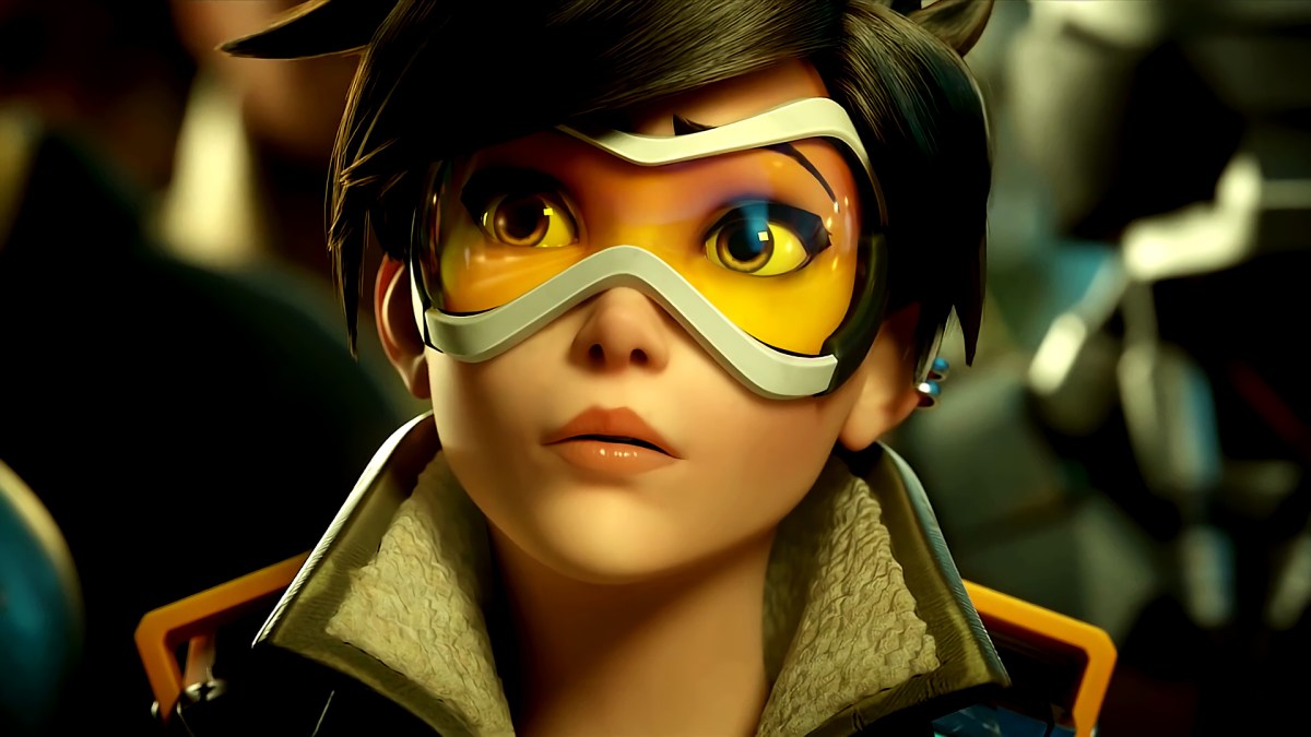 Tracer, a hero from Overwatch, wearing her iconic goggles and jacket.