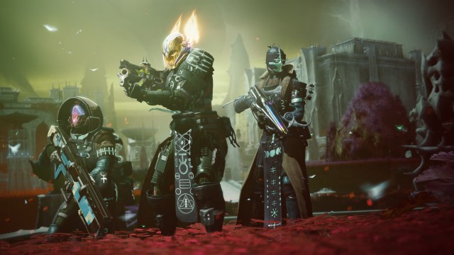 Three Guardians pose inside of Savathun's Throne World.