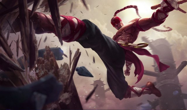 The splash art for Lee Sin, the Blind Monk, kicking his way through the opposition.