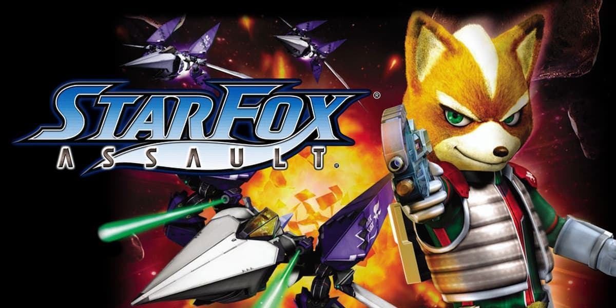 Star Fox aims and fires a pistol as fighter jets fly past in Star Fox: Assault.