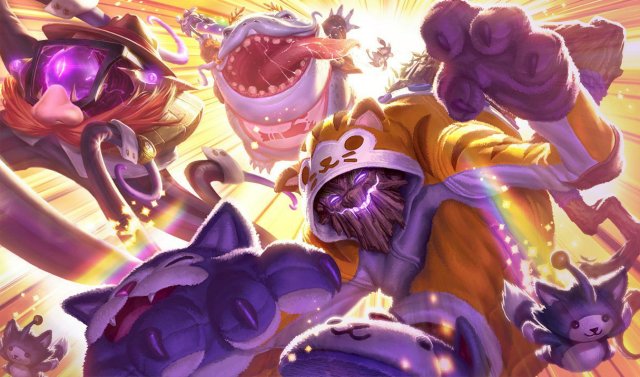 The splash art for a handful of April Fools-themed League skins, including Definitely-Not-Vel'Koz, URF Kench, and Meowkai.