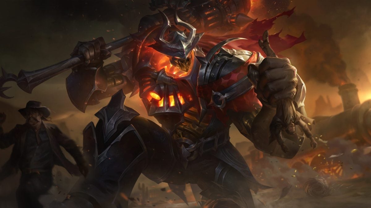 Mordekaiser's High Noon variant skin as he prepares for battle in League of Legends.