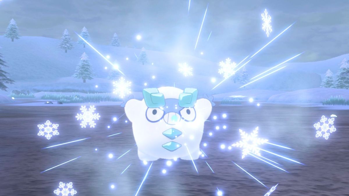 Galarian Darumaka in Pokémon Sword and Shield with snowflakes around it.