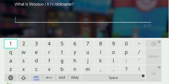 Renaming a Wooloo in Pokémon Sword and Shield with Switch keyboard showing.