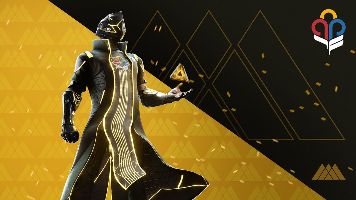 A Warlock stands holding a yellow Ghost shell in Destiny 2.