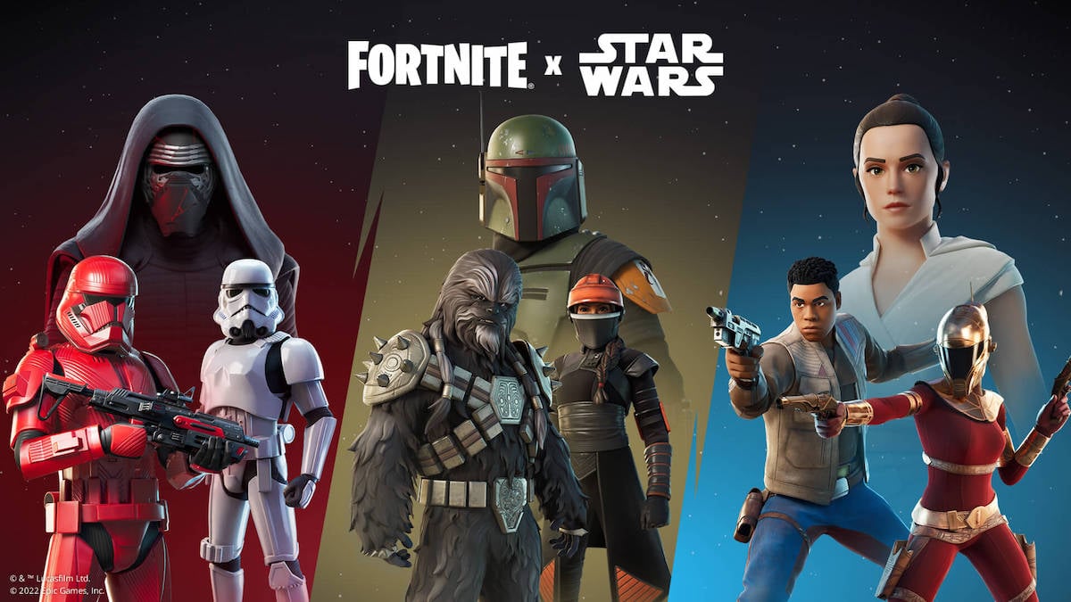 A collection of characters from Star Wars and their new corresponding outfits in Fortnite.
