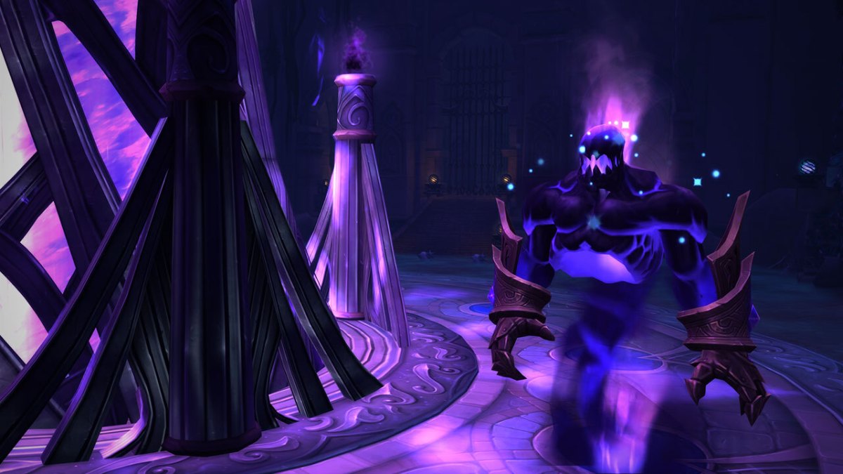 Nighthold's second boss, the Chronomatic Anomaly - a purple elemental with large gauntlets in World of Warcraft.