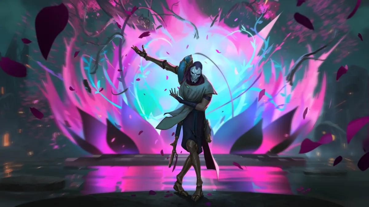 Image of Jhin from the League season start cinematic where he is bowing on the stage after a performance.