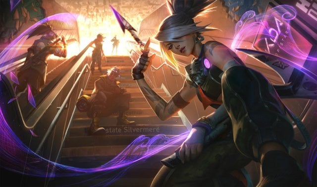 Akali in one of her League of Legends skins holding her weapon and looking down