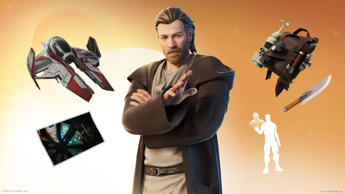 Obi Wan Kenobi surrounded by a backpack, short knife, loading screen, and ship glider