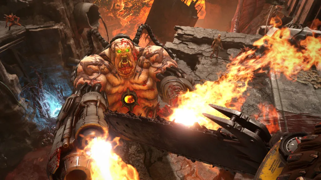 A Slayer dodges flames from an enemy in Doom Eternal.