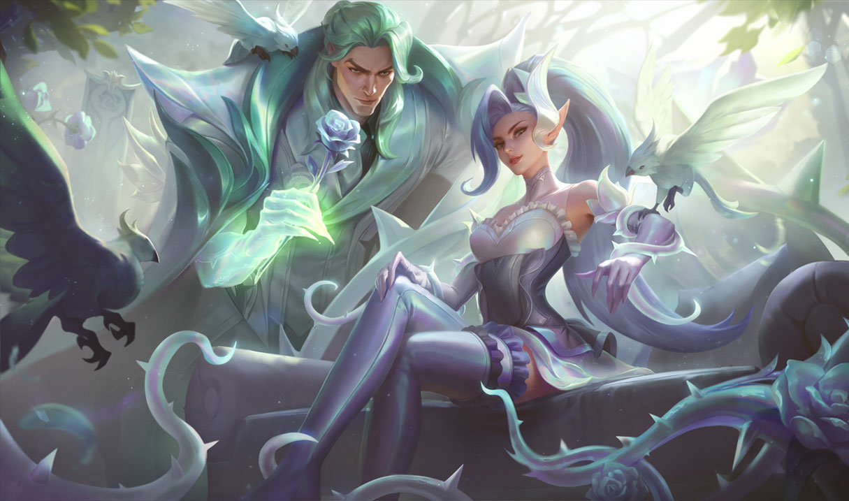 Splash art for Crystal Rose Swain and Zyra. Swain appears in a white tuxedo with green hair, while Zyra sits next to him in a white dress with light green hair.