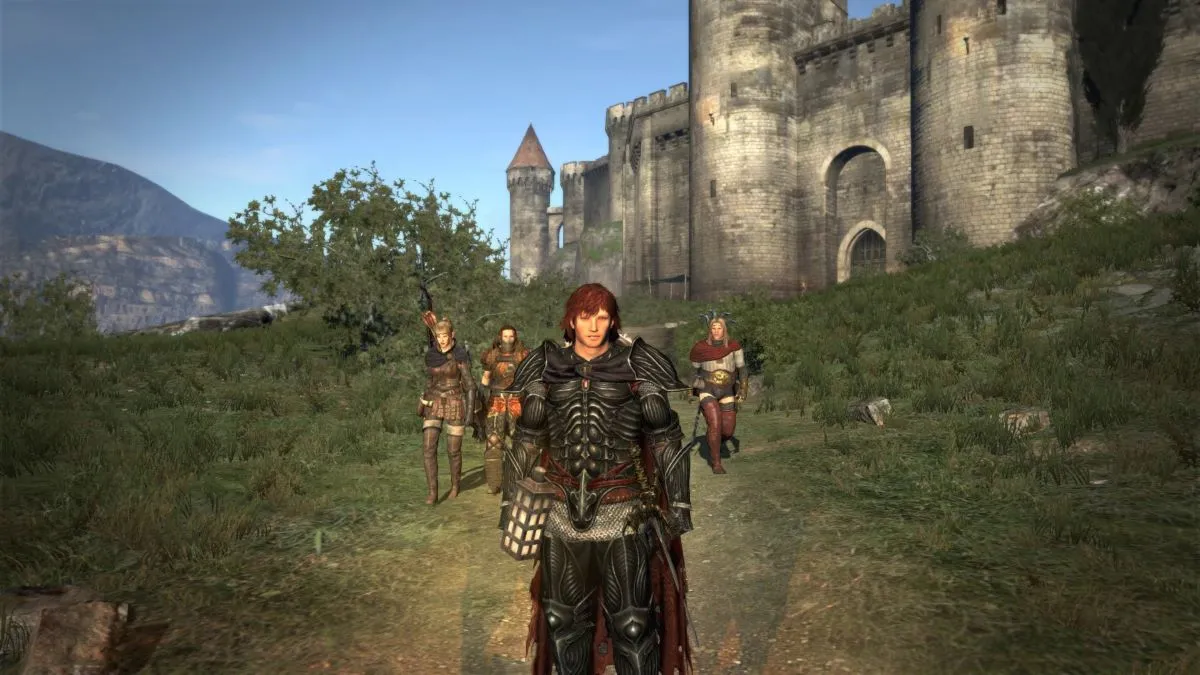 the player character in dragon's dogma standing outside a castle in a green field