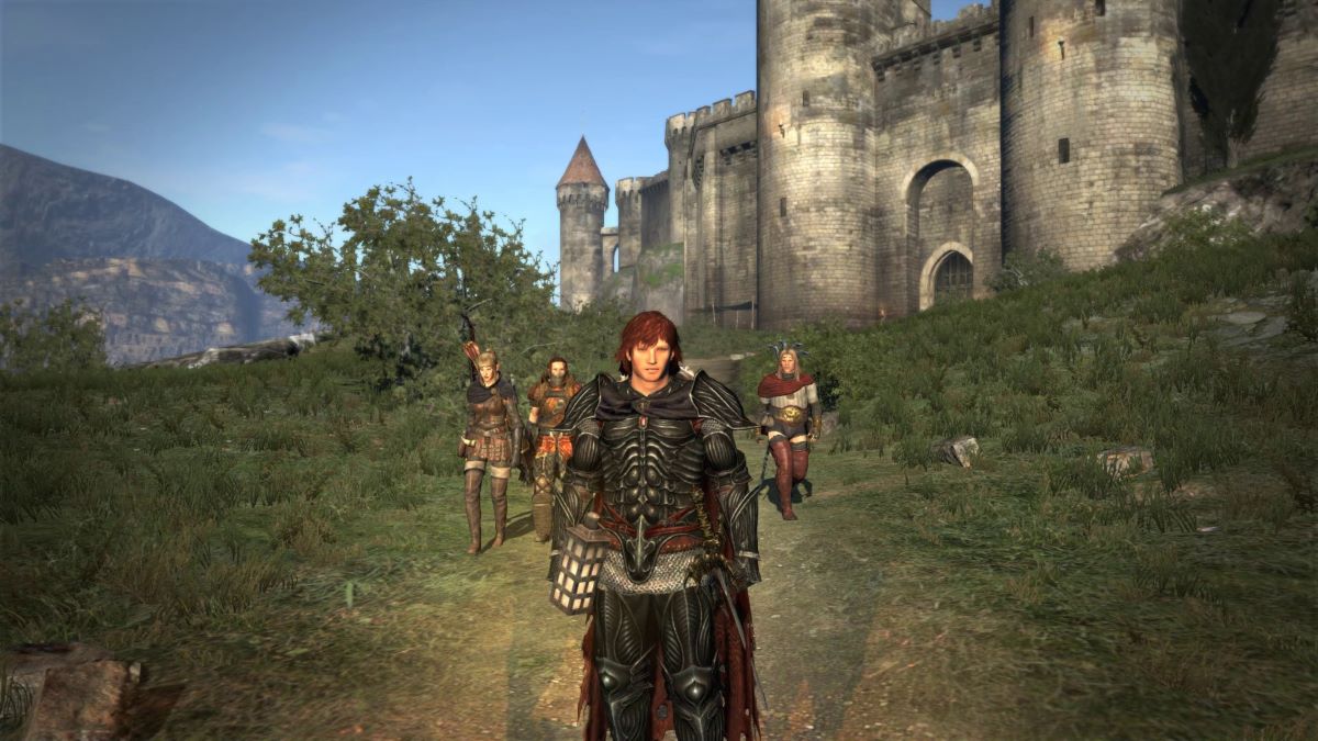 the player character in dragon's dogma standing outside a castle in a green field