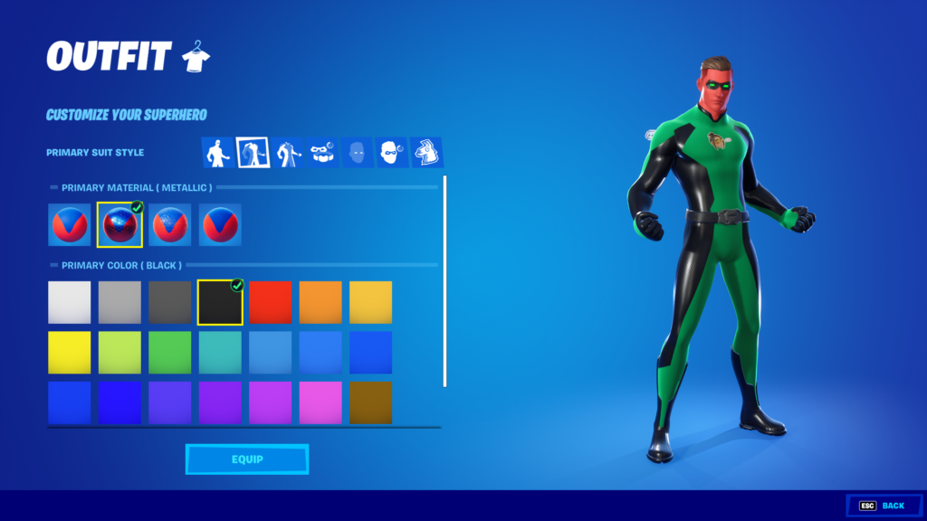 A superhero stands next to customization options