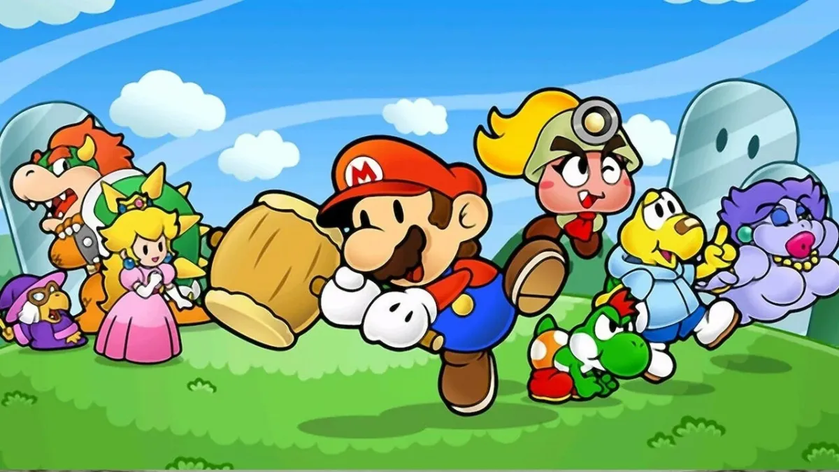 Mario and company pose with a giant hammer in the Paper Mario key art.
