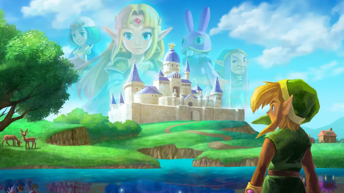 Link gazes upon Hyrule and Princess Zelda in key art for A Link Between Worlds.