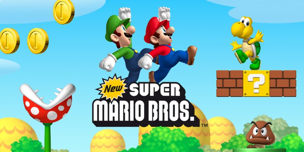 Mario and Luigi take a leap over the New Super Mario Bros. logo.