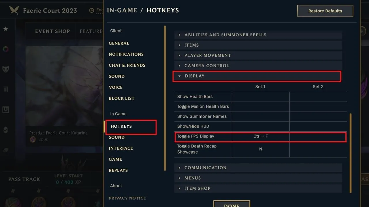 In-game hotkey setting in LoL for display and Toggle FPS Display.
