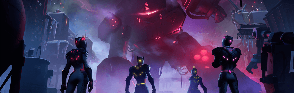 Four characters stand in front of a giant mech with its fist on the ground