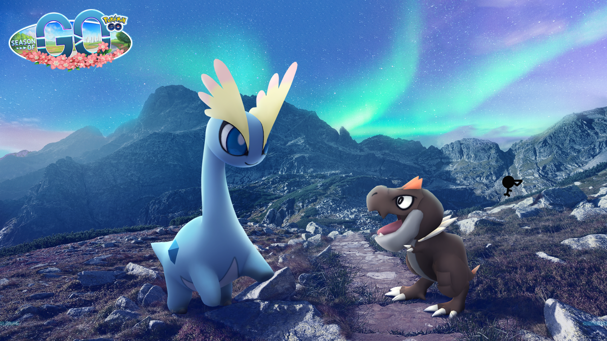 Amaura and Tyrunt sitting on a mountainside in Pokémon Go.