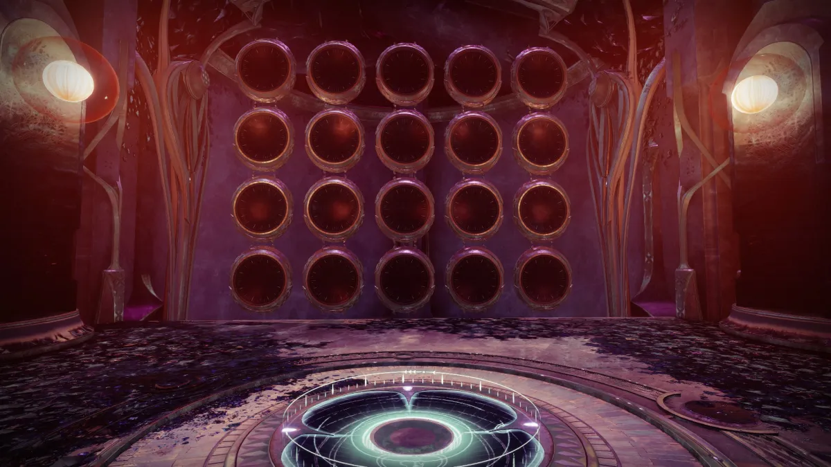 The blank Wish Wall in the Last Wish raid. The wall is filled with unlit panels, which, when active, display different symbols.